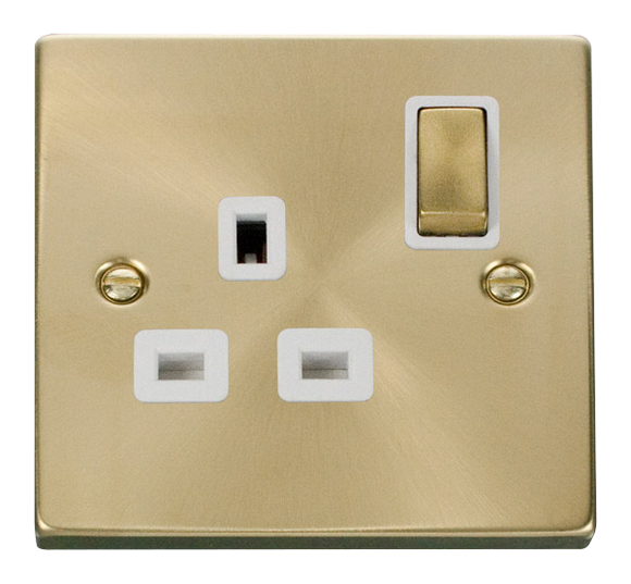 Click® Scolmore Deco® VPSB535WH 13A Ingot 1 Gang DP Switched Socket Satin Brass White Insert