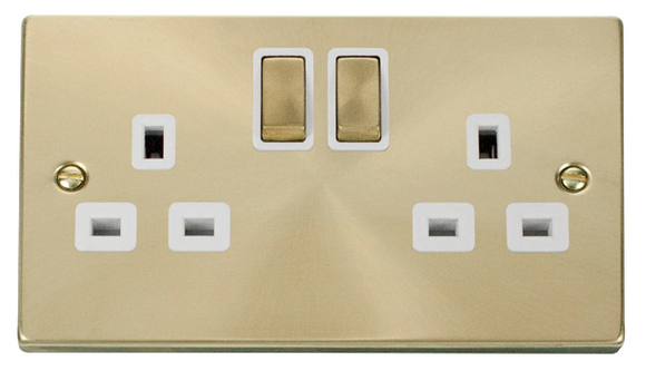 Click® Scolmore Deco® VPSB536WH 13A Ingot 2 Gang DP Switched Socket (Twin Earth) Satin Brass White Insert