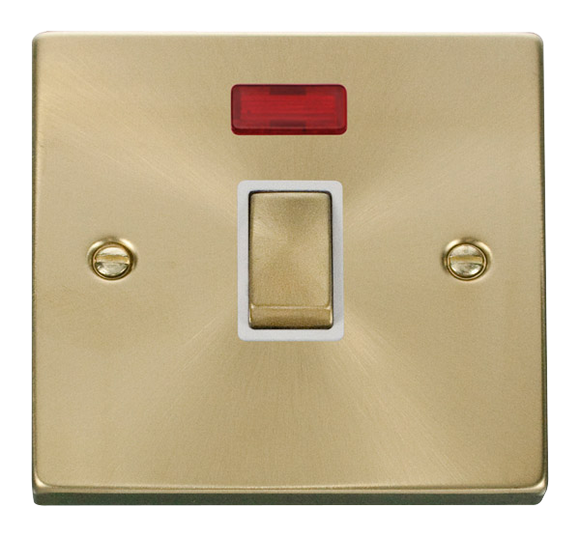Click® Scolmore Deco® VPSB723WH 20A Ingot DP Switch With Neon Satin Brass White Insert
