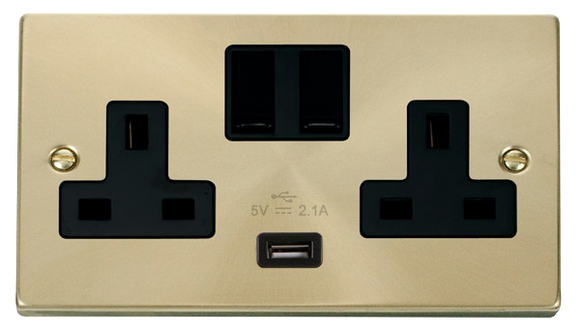 Click® Scolmore Deco® VPSB770BK 13A 2 Gang Switched Socket With 2.1A USB Outlet (Twin Earth) Satin Brass Black Insert