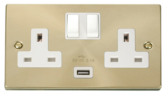 Click® Scolmore Deco® VPSB770WH 13A 2 Gang Switched Socket With 2.1A USB Outlet (Twin Earth) Satin Brass White Insert
