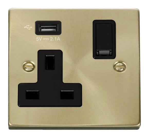 Click® Scolmore Deco® VPSB771UBK 13A 1 Gang Switched Socket With 2.1A USB Outlet (Twin Earth) Satin Brass Black Insert