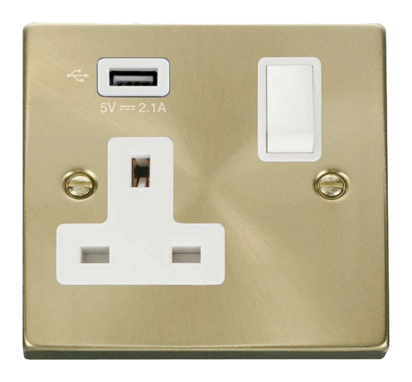 Click® Scolmore Deco® VPSB771UWH 13A 1 Gang Switched Socket With 2.1A USB Outlet (Twin Earth) Satin Brass White Insert