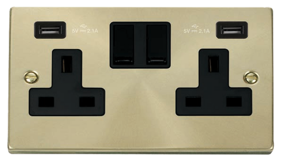 Click® Scolmore Deco® VPSB780BK 13A 2 Gang Switched Socket With Twin 2.1A USB Outlets (4.2A) (Twin Earth) Satin Brass Black Insert