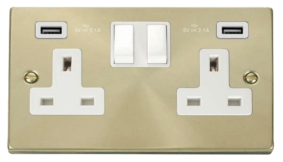 Click® Scolmore Deco® VPSB780WH 13A 2 Gang Switched Socket With Twin 2.1A USB Outlets (4.2A) (Twin Earth) Satin Brass White Insert