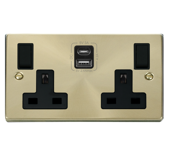 Click® Scolmore Deco® VPSB786BK 13A 2 Gang Switched Safety Shutter Socket Outlet With Type A & C USB (4.2A) Outlets (Twin Earth) Satin Brass Black Insert