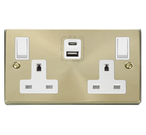 Click® Scolmore Deco® VPSB786WH 13A 2 Gang Switched Safety Shutter Socket Outlet With Type A & C USB (4.2A) Outlets (Twin Earth) Satin Brass White Insert