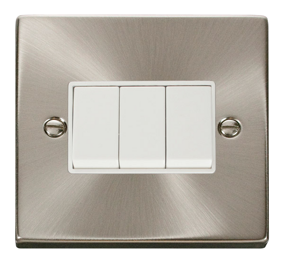 Click® Scolmore Deco® VPSC013WH 10AX 3 Gang 2 Way Plate Switch Satin Chrome White Insert
