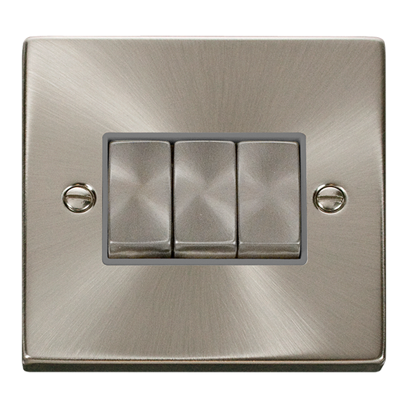 Click® Scolmore Deco® VPSC413GY 10AX Ingot 3 Gang 2 Way Plate Switch Satin Chrome Grey Insert