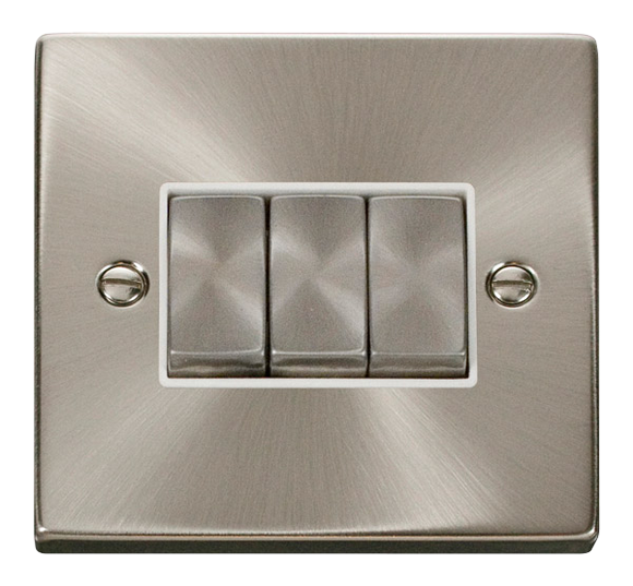 Click® Scolmore Deco® VPSC413WH 10AX Ingot 3 Gang 2 Way Plate Switch Satin Chrome White Insert