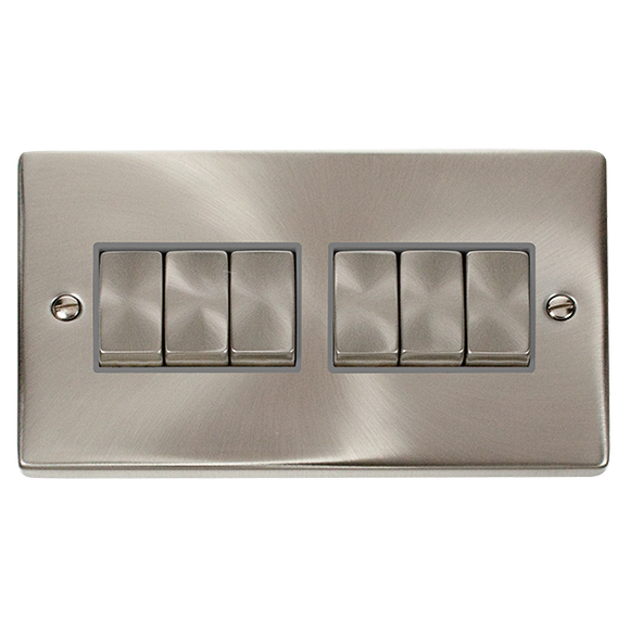 Click® Scolmore Deco® VPSC416GY 10AX Ingot 6 Gang 2 Way Plate Switch Satin Chrome Grey Insert