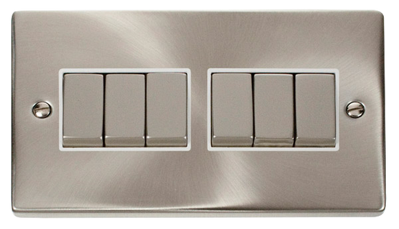 Click® Scolmore Deco® VPSC416WH 10AX Ingot 6 Gang 2 Way Plate Switch Satin Chrome White Insert