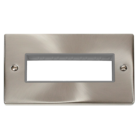 Click® Scolmore Deco® VPSC426GY 2 Gang MiniGrid® Unfurnished Plate - 6 In-Line Apertures Satin Chrome Grey Insert