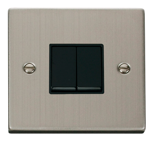 Click® Scolmore Deco® VPSS012BK 10AX 2 Gang 2 Way Plate Switch Stainless Steel Black Insert