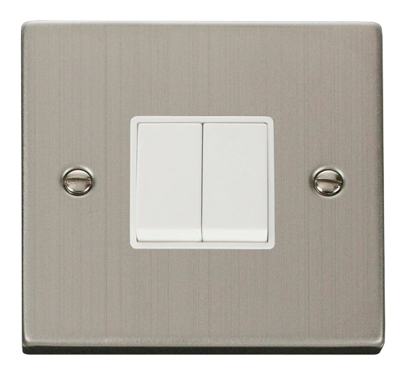 Click® Scolmore Deco® VPSS012WH 10AX 2 Gang 2 Way Plate Switch Stainless Steel White Insert