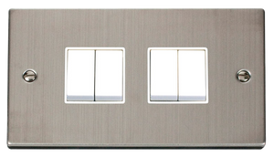 Click® Scolmore Deco® VPSS019WH 10AX 4 Gang 2 Way Plate Switch Stainless Steel White Insert