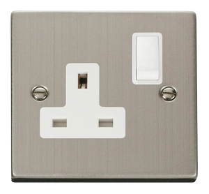 Click® Scolmore Deco® VPSS035WH 13A 1 Gang DP Switched Socket Stainless Steel White Insert
