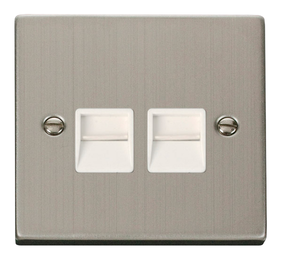 Click® Scolmore Deco® VPSS121WH Twin Telephone Outlet - Master Stainless Steel White Insert