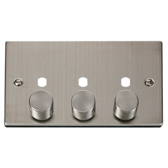 Click® Scolmore Deco® VPSS153PL 3 Gang Dimmer Plate & Knobs (1200W Max) - 3 Apertures Stainless Steel  Insert