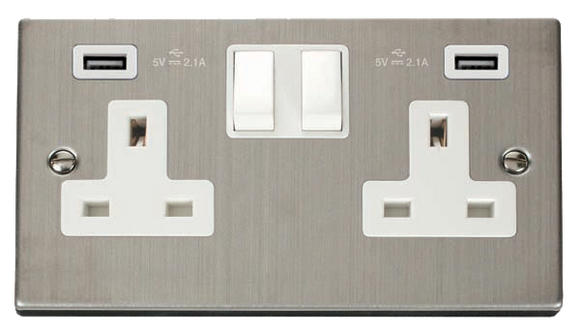 Click® Scolmore Deco® VPSS780WH 13A 2 Gang Switched Socket With Twin 2.1A USB Outlets (4.2A) (Twin Earth) Stainless Steel White Insert