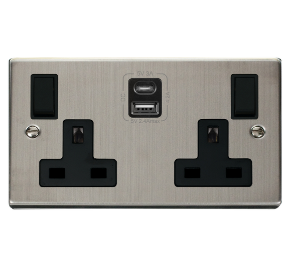 Click® Scolmore Deco® VPSS786BK 13A 2 Gang Switched Safety Shutter Socket Outlet With Type A & C USB (4.2A) Outlets (Twin Earth) Stainless Steel Black Insert