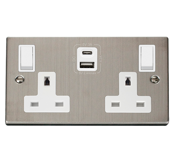 Click® Scolmore Deco® VPSS786WH 13A 2 Gang Switched Safety Shutter Socket Outlet With Type A & C USB (4.2A) Outlets (Twin Earth) Stainless Steel White Insert