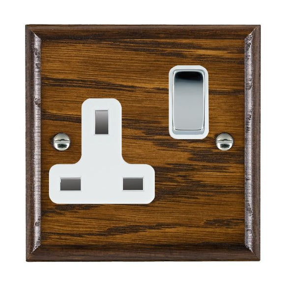 Hamilton WODSS1BC-W Woods Ovolo Dark Oak 1 gang 13A Double Pole Switched Socket Bright Chrome/White Insert