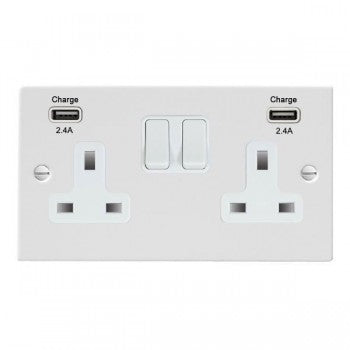 Hamilton 80SS2USBULTWH-W Sheer Gloss White 2 gang 13A Double Pole Switched Socket with 2 USB Ultra Outlets 2x2.4A White/White - NOT Suitable for Over Painting Insert