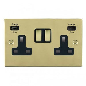 Hamilton 81SS2USBULTPB-B Sheer Polished Brass 2 gang 13A Double Pole Switched Socket with 2 USB Ultra Outlets 2x2.4A Polished Brass/Black Insert
