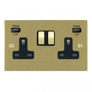 Hamilton 82SS2USBULTSB-B Sheer Satin Brass 2 gang 13A Double Pole Switched Socket with 2 USB Ultra Outlets 2x2.4A Satin Brass/Black Insert