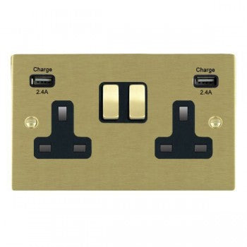 Hamilton 82SS2USBULTSB-B Sheer Satin Brass 2 gang 13A Double Pole Switched Socket with 2 USB Ultra Outlets 2x2.4A Satin Brass/Black Insert