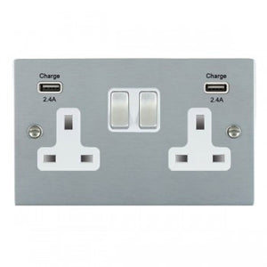 Hamilton 86SS2USBULTSC-W Sheer Satin Chrome 2 gang 13A Double Pole Switched Socket with 2 USB Ultra Outlets 2x2.4A Satin Chrome/White Insert