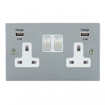 Hamilton 86SS2USBULTSC-W Sheer Satin Chrome 2 gang 13A Double Pole Switched Socket with 2 USB Ultra Outlets 2x2.4A Satin Chrome/White Insert