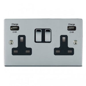 Hamilton 87SS2USBULTBC-B Sheer Bright Chrome 2 gang 13A Double Pole Switched Socket with 2 USB Ultra Outlets 2x2.4A Bright Chrome/Black Insert