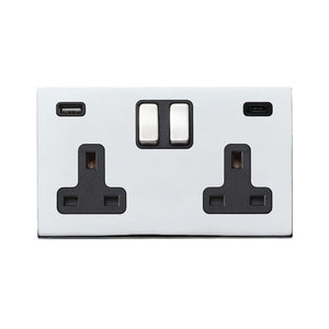 Hamilton 7G27SS2USBCBC-B Hartland G2 Bright Chrome 2 gang 13A Double Pole Switched Socket with 1 USB + 1 USB Type C Outlet 2x2.4A Bright Chrome/Black Insert