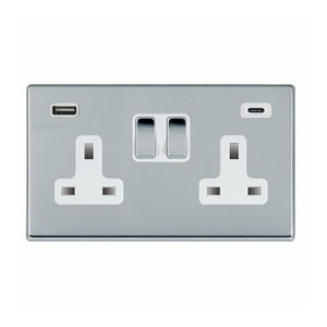 Hamilton 7G27SS2USBCBC-W Hartland G2 Bright Chrome 2 gang 13A Double Pole Switched Socket with 1 USB + 1 USB Type C Outlet 2x2.4A Bright Chrome/White Insert