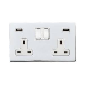 Hamilton 7G27SS2USBULTBC-W Hartland G2 Bright Chrome 2 gang 13A Double Pole Switched Socket with 2 USB Ultra Outlets 2x2.4A Bright Chrome/White Insert