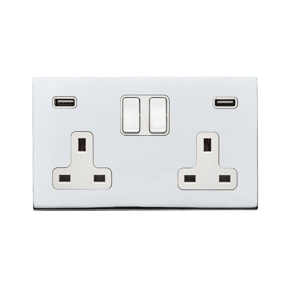 Hamilton 7G27SS2USBULTBC-W Hartland G2 Bright Chrome 2 gang 13A Double Pole Switched Socket with 2 USB Ultra Outlets 2x2.4A Bright Chrome/White Insert