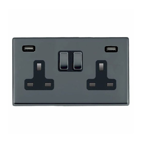 Hamilton 7G28SS2USBULTBK-B Hartland G2 Black Nickel 2 gang 13A Double Pole Switched Socket with 2 USB Ultra Outlets 2x2.4A Black Nickel/Black Insert