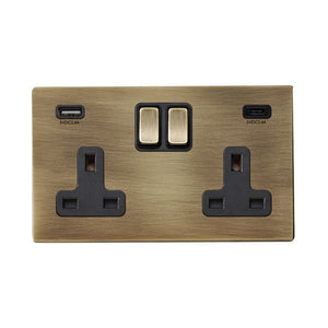 Hamilton 7G29SS2USBCAB-B Hartland G2 Antique Brass 2 gang 13A Double Pole Switched Socket with 1 USB + 1 USB Type C Outlet 2x2.4A Antique Brass/Black Insert