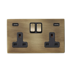 Hamilton 7G29SS2USBULTAB-B Hartland G2 Antique Brass 2 gang 13A Double Pole Switched Socket with 2 USB Ultra Outlets 2x2.4A Antique Brass/Black Insert